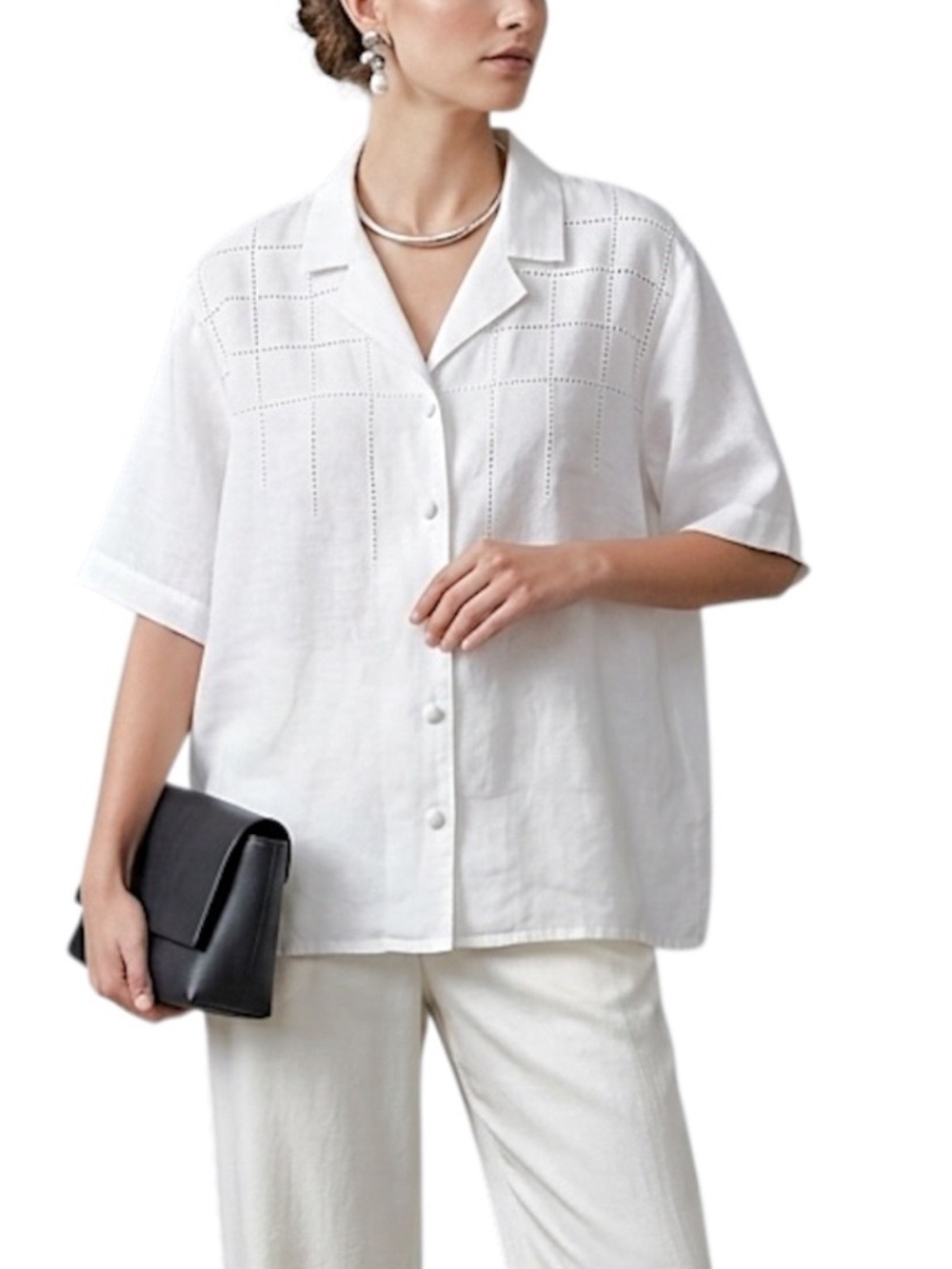 Vintage 100% linen white boxy oversized short sleeve minimalist top blouse 12